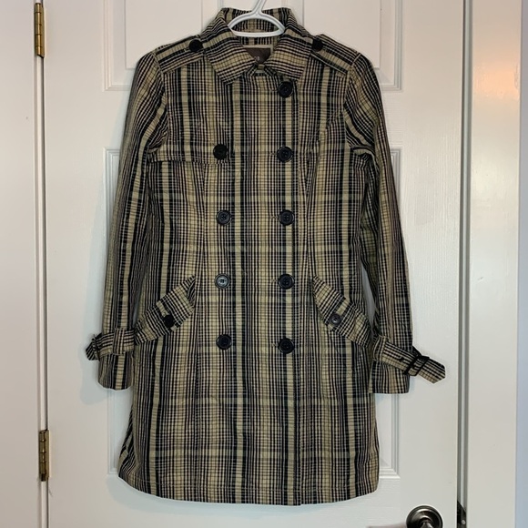 Jacob Jackets & Blazers - Jacob Beige Navy Plaid Trench Coat women’s extra small Buckles Buttons Classy